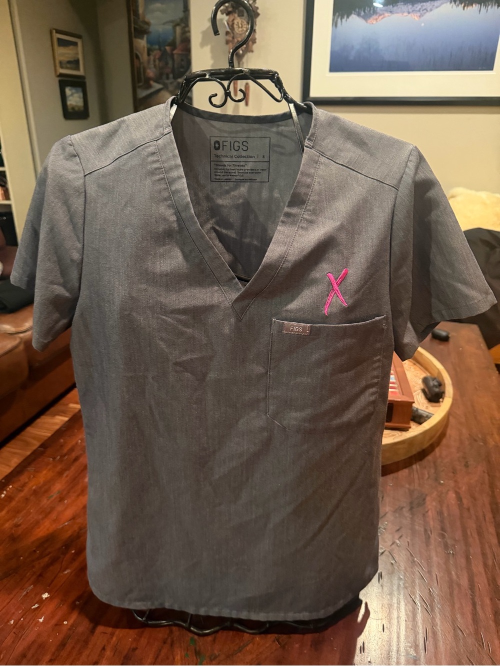 FIGS Women’s V-Neck Scrub Top in Charcoal with Pink Accent